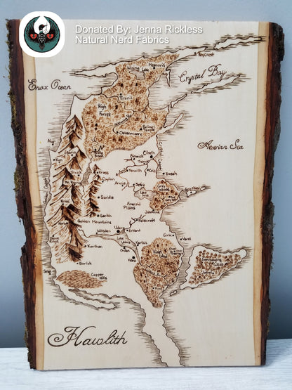 Wooden map of Hawlith with engraved details on a wooden board