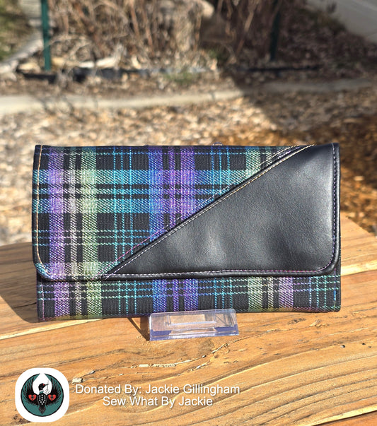 black and rainbow shimmer plaid vinyl wallet