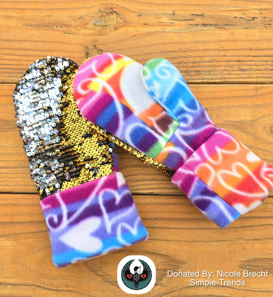 rainbow heart fleece mittens with a reversible gold and silver sequins on top.
