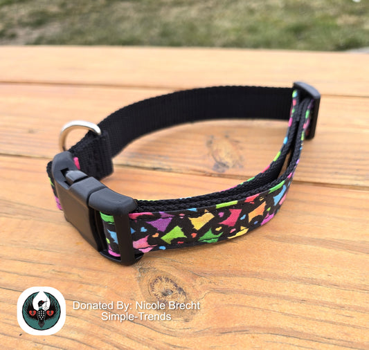 adjustable dog collar with rainbow Minnesota fabric and a black buckle.