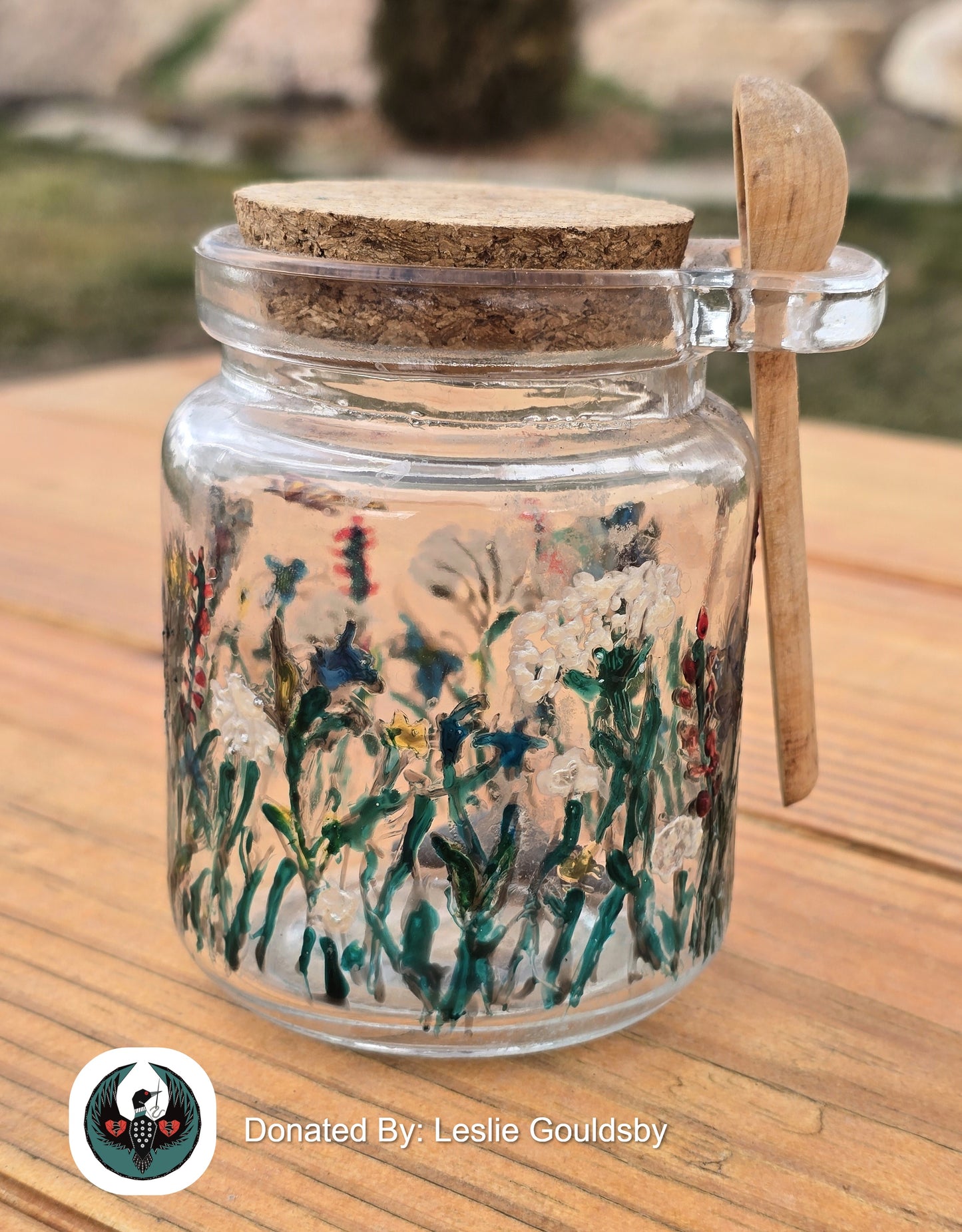 wildflower painted jar with a cork lid and spoon
